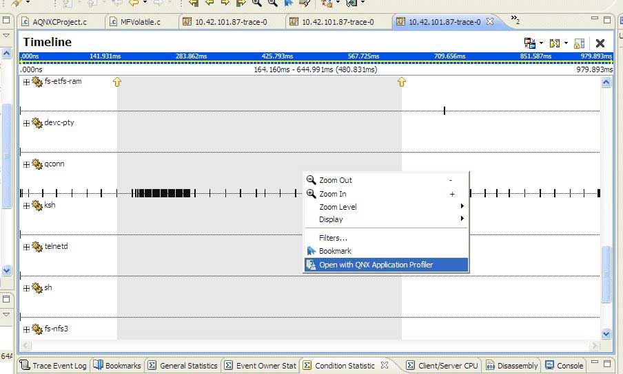  Timeline view menu: Open QNX with Application Profiler