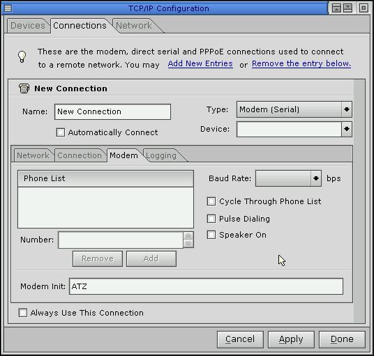 Connections tab with Modem pane